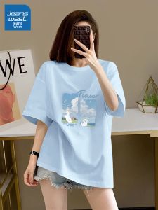 Jeanswest | Áo Thun Tay Ngắn Cotton 100% Màu Xanh Dễ Thương Cho Mùa Hè Nữ
