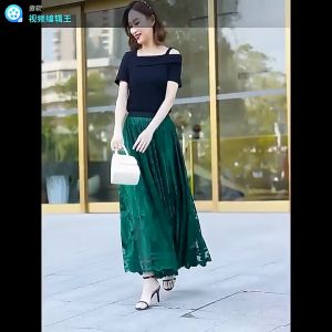 Lace Skirt Womens New A-word Long Skirt Big Swing Gauze Hollow Pleated Skirt