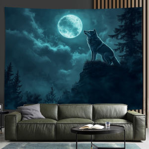 VIKAMA Modern Art Wolf Moon Tapestry Living Room Bedroom Ins Style Entryway Background Wall Scandinavian Style Decoration