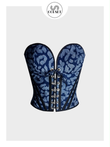 Blue Denim Leopard print Full Cup Front open Long Corset S.corset