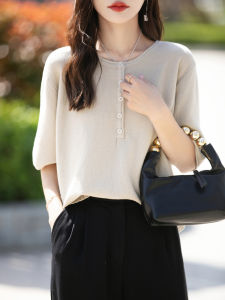 French Simple round Neck Knitted Short Sleeve Womens Pure Spring Summer Cotton Thread Versatile Loose Large Size Overhead T-shirt