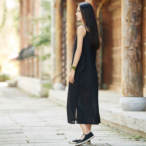 ฤดูใบไม้ผลิและฤดูร้อน เสื้อกั๊กผ้าลินินคอตตอนสำหรับผู้หญิงใหม่สไตล์ย้อนยุค กระโปรงยาวทรงหลวม กระโปรงยาวทรงหลวม เสื้อกั๊กสายเดี่ยว