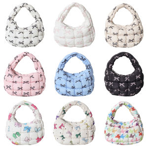 Quilted Tote Bag for Women Bowknot Print Mini Cloud Pleated Bag Trendy Crescent Bag Hobo Bag Wrist Satchel