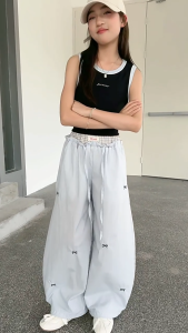 Summer Baggy Pants For Kids Girl 7-15yrs Quick Dry Ice Silk Loose Pants Bow Embroidery Korean Pants