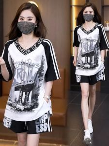 Fashionable Pure Cotton Casual Womens Set Summer New Style Mom Large Size Trendy plus Size Loose Slimming Shorts Two Piece Set