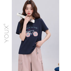 YOUXIANG | Áo Thun Tay Ngắn Cổ Tròn Thêu Xe Đạp Phong Cách Lãng Mạn Hợp Xu Hướng Mùa Hè