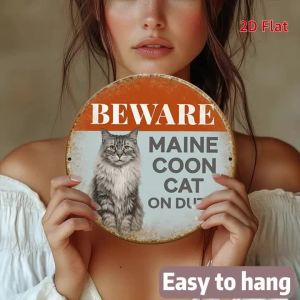 Potdemiel | 1 Cái Biển Trang Trí Tường Kim Loại Chủ Đề BEWARE Kích Thước 8x8 Inch (20x20cm) Phong Cách Cổ Điển ECOON CAT ON DUTY Hình Dán Thiếc 2D Phẳng Dùng Trang Trí Nhà Cửa