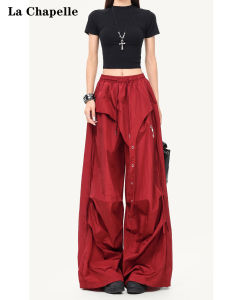 American Style Work Pants Womens Burgundy Casual Paratrooper Jazz Dance Loose High Waist Straight Leg Pants