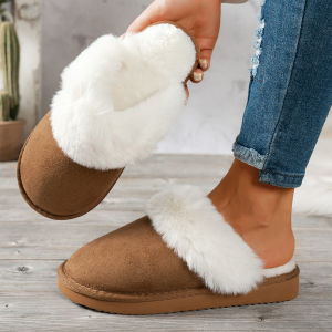 Womens Winter Solid-Color Warm Non-Slip Comfortable Low-Heel Slip-On House Slippers Casual Thickened Soft Plush Slippers