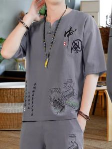 ROMON | Romon Mens Summer Thin Cotton Linen Casual Short Sleeve T-Shirt Set Vintage Loose Fit Comfortable Breathable Two Piece Suit