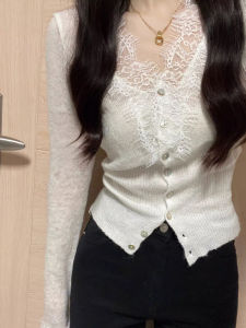 YUANYA | Áo Cardigan Len V-Neck Ren Trắng