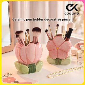 Ceramic pen holder with flower decorative pieces and storage bucket