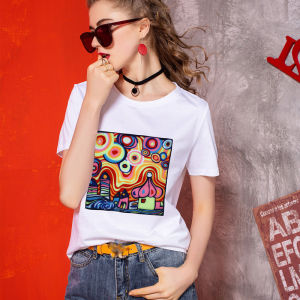 เสื้อยืดแขนสั้นผ้าฝ้ายแท้คุณภาพสูงสำหรับผู้หญิง ทรงหลวม ทรงไหล่ ลายพิมพ์น้ำสีน้ำเงิน ทรงหลวม ทรงหลวม ทรงหลวม