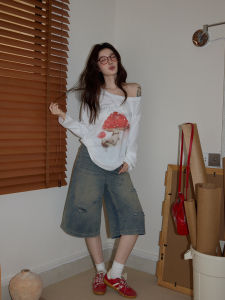 Blue Faded Casual Pants Womens Loose High Waist Draped Straight Leg Jeans Commute Style Korean Version Simple Break Hole