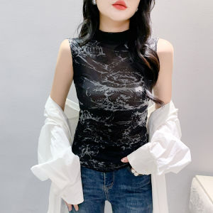 Yimei Áo thun nữ không tay hợp thời trang mới lưới nửa cổ cao mùa thu 2024 áo in hình phong cách cho nữ dáng mỏng