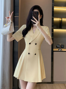 Yellow A-Line Dress: High Waist Short Sleeve Thin Summer New Slimming Skirt Button Style Polyester Fabric