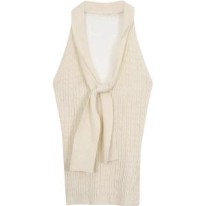 YUEZHONGWEI | เสื้อกั๊กผ้าไหมน้ำแข็งถักคอวีสไตล์ฝรั่งเศส แขนกุด ทรงสลิมฟิต สำหรับผู้หญิงในฤดูร้อน เสื้อตัวบนคอวีแบบสวมหัว