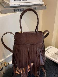 Retro Suede Tassel Handbag Womens Fashionable Versatile Crossbody Bag American Vintage Style Hardness Medium Polyester Lining
