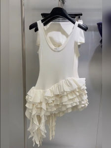 French Style Pure Desire Ballet Wind Wooden Ear A-Line Cake Skirt Sweet Strap Top High Waist Long Skirt round Neck Mid-Length Dress