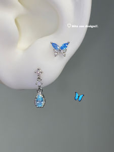 Elegant Blue Butterfly Waterdrop Zircon Titanium Steel Ear Studs Womens Fashion Jewelry Decorative Hypoallergenic Non-fading