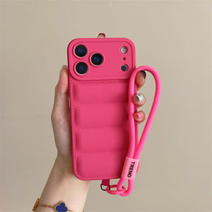 Soft Down Jacket Silicone Case For iPhone 17 16 15 14 13 12 11 Pro Max Plus Air Shockproof Camera Protection Wrist Strap Cover