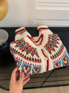 Christmas Elegant Fair Isle Knit Sweater Autumn Winter Loose Fashionable Youthful Decreasing Cardigan Korean Style Commute