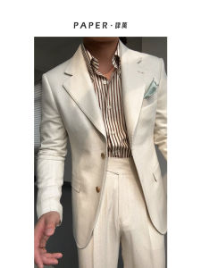 ชุดสูทผู้ชายคอปกปิด 2 กระดุม ทรงหลวม ทรงพอดีตัว ทรงหลวม สไตล์นิวยอร์ก ชุดสูทผ้าฝ้ายลินิน ชุดสูทผู้ชาย ชุดสูทลำลอง