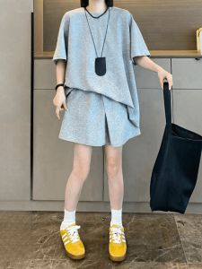 Casual Fashion Set Summer 2024 plus Size Slimming Short Skirt Two Piece Suit Cotton round Neck Short Sleeve Cover up Ensemble