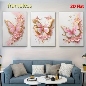 3 pieces of pink butterfly art canvas sea elegant home wall decoration 2D flat printing frameless painting