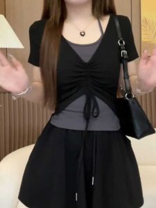 Áo Thun Cotton Tay Ngắn Mùa Hè Cho Nữ Dáng Ôm Cổ Chữ V Màu Trơn Cỡ Lớn Có Dây Đeo Eo Phong Cách Đường Phố Thường Ngày