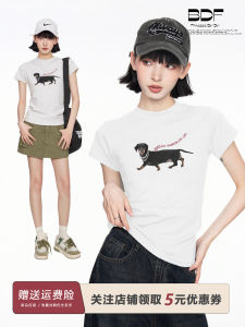 Áo Thun Tay Ngắn Ôm Vừa Vặn Cổ Tròn in Hình Chien Lụa Trắng Phong Cách Mỹ Mùa Hè Tay Lửng Cotton Nguyên Chất Tay Lửng Cổ Tròn