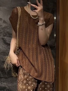 UYFY | Round Neck Lightweight Short Sleeve Knit Top Retro Hollow Out
