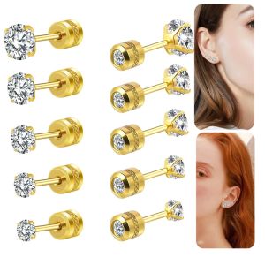 6 Pairs Screw Back Stud Earrings Set Surgical Stainless Steel Double Sided Round Cubic Zirconia Earrings for Women Men