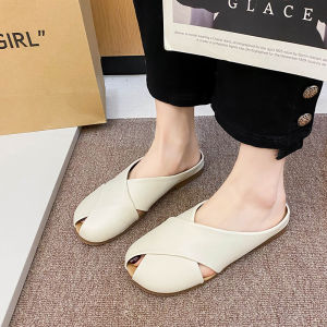 IELGY Baotou รองเท้าแตะผู้หญิงรองเท้ากึ่งผ้าทอด้านล่างที่อ่อนนุ่มเรียบรองเท้าแตะสไตล์ฝรั่งเศส