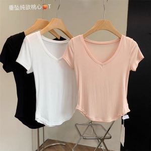 Womens Dancewear Summer Slim Fit V-Neck Modal Cotton Short Sleeve Breathable Training Performance Top Korean Style T-shirt