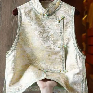 Áo Vest Lụa Thêu Cao Cấp Phong Cách Trung Hoa Mới Thu Đông 2025 Cỡ Lớn Áo Vest Nữ Cổ Đứng Tay Dài Thường Ngày