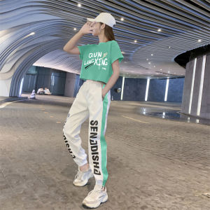 Womens Fitness Square Dance Street Jazz Dance Sportswear Set Summer Short Sleeve round Neck Long Pants Casual Sportswear