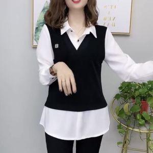 Áo Sơ Mi Nữ Thời Trang Mùa Thu Đông Phong Cách Mới Cổ Polo Tay Dài Dáng Rộng Màu Trơn Chất Liệu Khác Áo Lót Giả Hai Mảnh