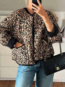 American Retro Leopard Print Cotton Jacket round Neck Loose Fit Casual Versatile Layering Short Coat for Women Autumn Winter