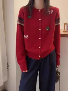 Spring Autumn 2025 New Style Soft Knitted Embroidered Pattern Single Button Womens Open Cardigan Korean Loose Fit Polyester Fiber