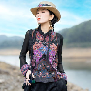 Elegant Embroidered Heavy Work Sleeveless Vest Womens Outerwear Vintage National Style New Chinese Style Shoulder Pad Autumn