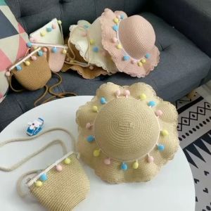 Kids Girl Hat Fashion Leisure Outdoor Straw Sun Protection Hat and Bag Summer Beach Hat Cap 儿童遮阳帽 防晒帽 topi pantai kanak cahaya matahari