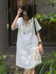 Shiny Sequin Linen Short Sleeve Dress Women Summer New Loose Slimming T-Shirt Dress Korean Style High Waist round Neck A-Line Skirt