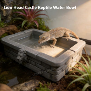 Castle Reptile Water Bowl Lion Head 3D Printed PETG Faux Stone Drinking Dish Terrarium Decor for Gecko Beardie Crestie 3 Sizes