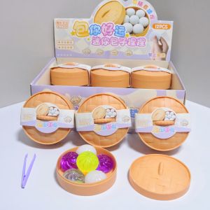 6Pcs Mini Dumplings with Steamer Bun Squeezable Toys Set Soft Stress Relief Crystal Squishy Fidget Sensory Toy Party Favors Gift