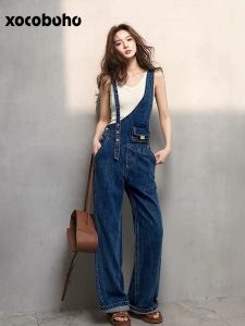 xocoboho | High Waisted Slim Fit Asymmetrical Wide Leg Denim Overalls