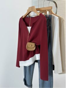 plus Size Womens Long Sleeve T-Shirt Slimming Stylish Bottoming Top Belly Concealing Cotton Blend Stretchy Fiber V-Neck Tee