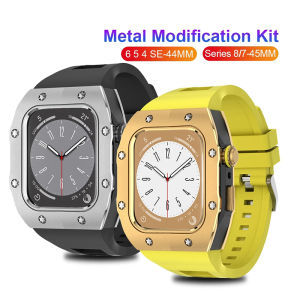 JANSIN New Luxury Modification Case Band for Apple Watch Series 8 7 6 5 4 SE 45mm 44mm Men Rugged Case Silicone Sport Band for apple watch 8 Metal Frame Bezel Modification Kit Wristband