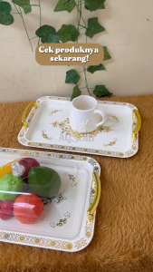 Angola Set Nampan Saji Makanan Buah Lauk Camilan C26 dengan Tutup Nampan Mewah Handle Gold