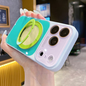Magnetic Stand Contrast Color Glass Phone Case For iPhone 18 17 16 15 Pro Max 14 13 17Pro Camera Protection Shockproof Cover